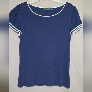 Lauren Ralph Lauren Navy Scoop Neck Short Sleeve Top with White Trim